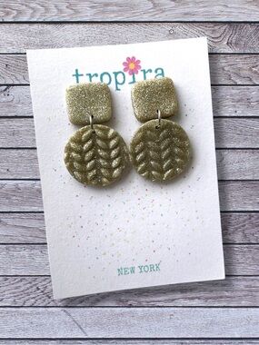 Glitter Gold Embossed Leaf Dangle Polymer Clay Earrings